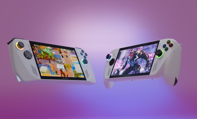 3D render of the Asus ROG Xbox Ally and ROG Xbox Ally handheld gaming PCs playing Two Point Hospital and Spider-Man 2 in front of a colorful backdrop.