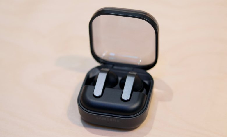 The Samsung Galaxy Buds 4 Pro pictured in their charging case with the lid open, from above
