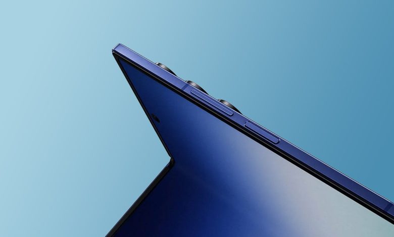 Leaked render of the Samsung Galaxy Z Fold 7 mid-fold against a gradient blue background.