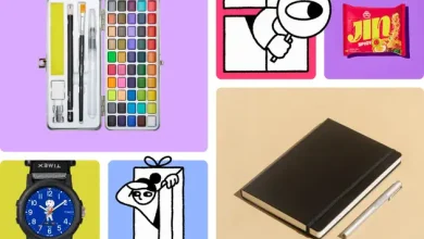 A photo grid of various gifts, including (clockwise from left): a watercolor set, a packet of spicy Jin ramen, a silver notebook and pen, and a Times watch with Mr. Met face.