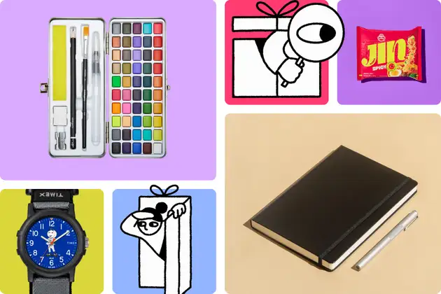 A photo grid of various gifts, including (clockwise from left): a watercolor set, a packet of spicy Jin ramen, a silver notebook and pen, and a Times watch with Mr. Met face.