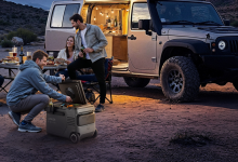 A group of people outside the van