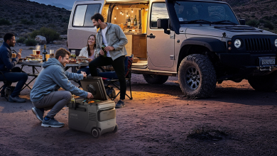 A group of people outside the van