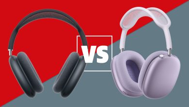 A black pair of Apple AirPods Max 2 and a purple pair of AirPods Max headphones on a red and grey background with a white versus sign between them.