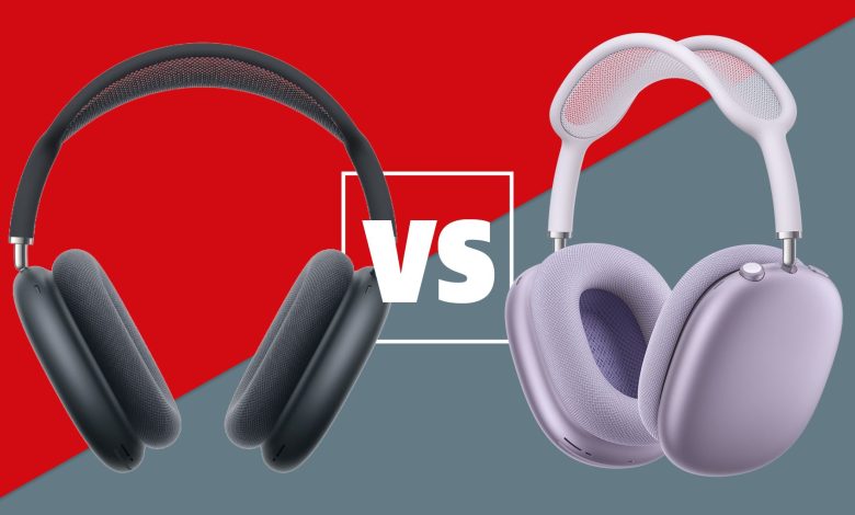 A black pair of Apple AirPods Max 2 and a purple pair of AirPods Max headphones on a red and grey background with a white versus sign between them.