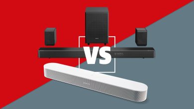 The Hisense AX5125H and the Sonos Beam Gen 2 on a red and grey striped background.