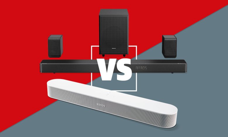 The Hisense AX5125H and the Sonos Beam Gen 2 on a red and grey striped background.