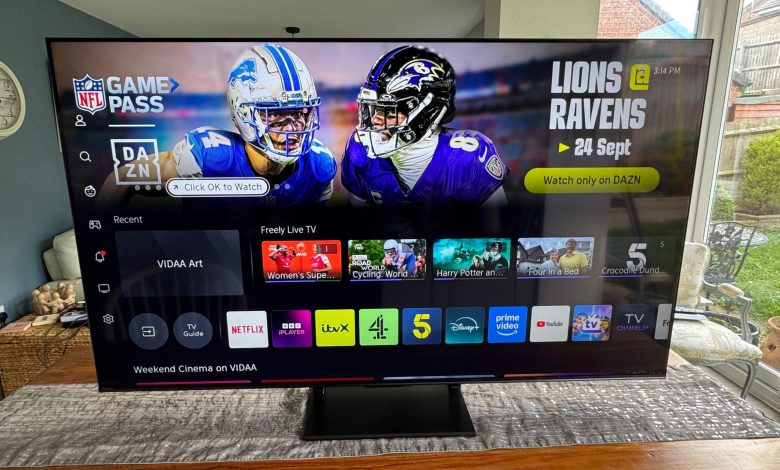 Front view of the Hisense U7Q Pro Mini LED TV displaying the TV homepage