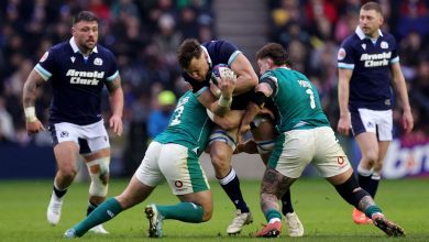 Jack Dempsey of Scotland is tackled by Andrew Porter and Ronan Kelleher of Ireland during Six Nations match between Scotland and Ireland.