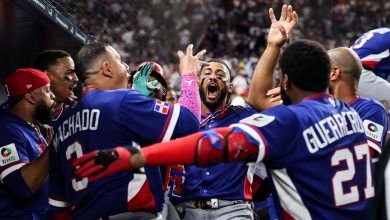 Fernando Tatis Jr. of the Dominican Republic celebrating a home run at the 2026 World Baseball Classic