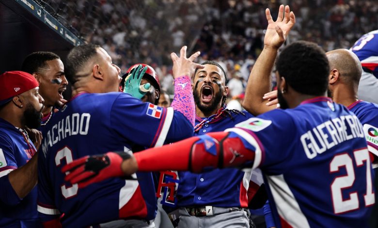 Fernando Tatis Jr. of the Dominican Republic celebrating a home run at the 2026 World Baseball Classic