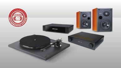 Rega Planar 6 turntable, Arcam ST25 and A15+ and Epos ES-7N speakers against grey background