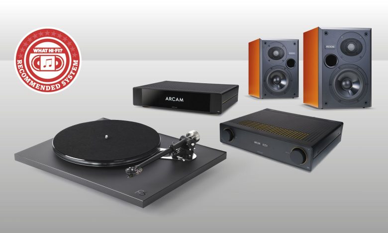 Rega Planar 6 turntable, Arcam ST25 and A15+ and Epos ES-7N speakers against grey background