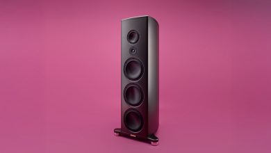 A Magico S7 (2026) floorstanding speaker on a pink background.