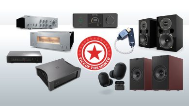 What Hi-Fi? pick of the month products on greyscale background