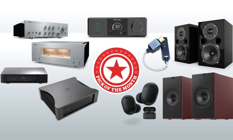 What Hi-Fi? pick of the month products on greyscale background
