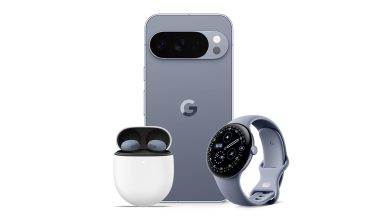 Google phone, watch and ear buds on white background.