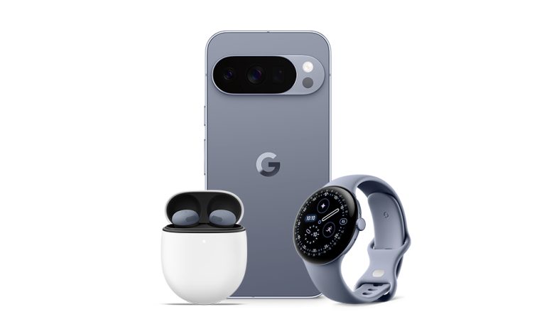 Google phone, watch and ear buds on white background.