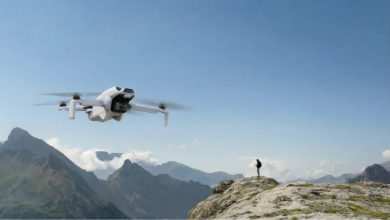 SkyRover S1 drone in flight showing 3-axis gimbal camera and compact sub-249g body
