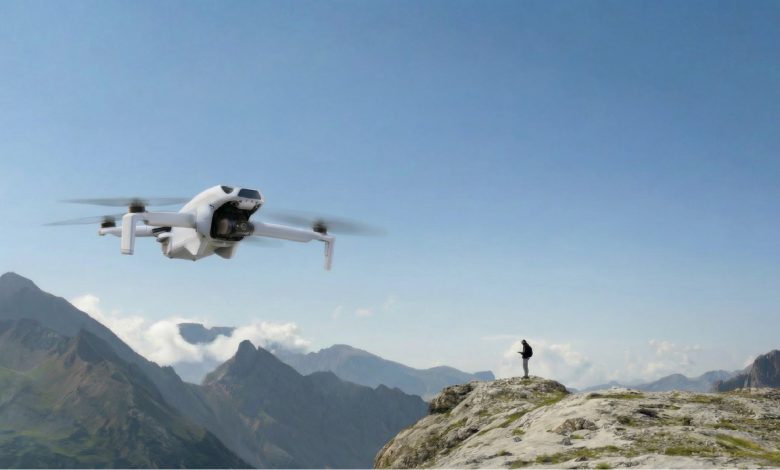 SkyRover S1 drone in flight showing 3-axis gimbal camera and compact sub-249g body