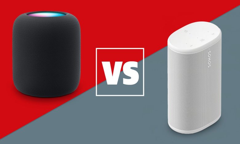 A black Apple HomePod 2 and white Sonos Play speaker on a red and grey background with a white versus sign between them.