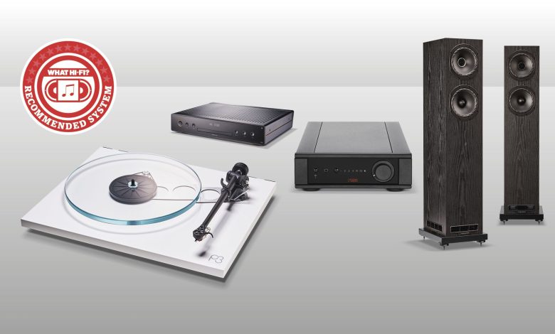 Rega Planar 3, Rega Brio Mk7, Arcam CD5 and Fyne F501E floorstanders on grey background