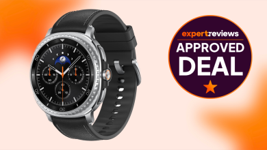 The Samsung Galaxy Watch8 Classic cut out against an orange background with an Expert Reviews Approved Deal stamp to the right side