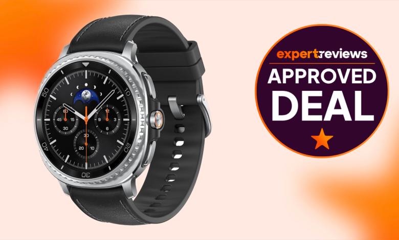 The Samsung Galaxy Watch8 Classic cut out against an orange background with an Expert Reviews Approved Deal stamp to the right side