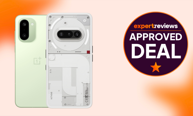 OnePlus 15R and Nothing Phone (3a) on an orange and white background with approved deal sticker