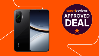 Poco F7, front and back view, on an orange background with the Expert Reviews Approved Deal sticker