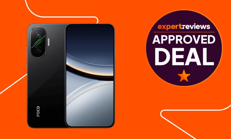 Poco F7, front and back view, on an orange background with the Expert Reviews Approved Deal sticker