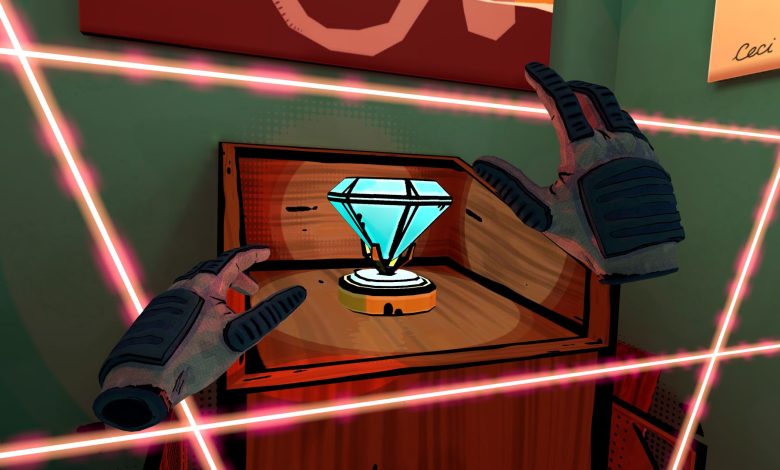 Trying to grab a fake diamond between a grid of lasers in Unseen Diplomacy 2 on Meta Quest 3