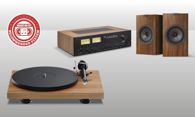 NAD streaming amp, Pro-Ject Debut Evo 2 turnable and KEF Q3 Meta speakers against grey background