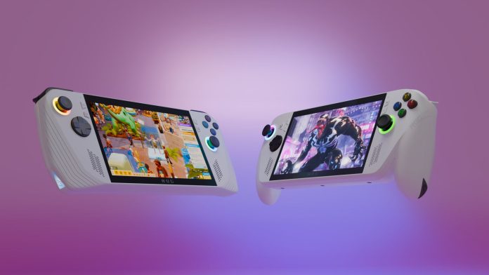3D render of the Asus ROG Xbox Ally and ROG Xbox Ally handheld gaming PCs playing Two Point Hospital and Spider-Man 2 in front of a colorful backdrop.