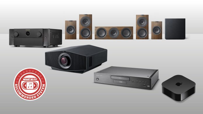 Sony projector, KEF speakers and Marantz amp on grey background