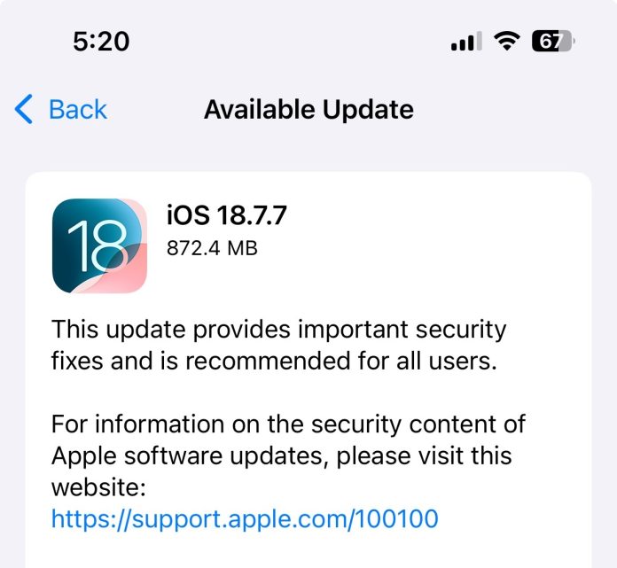iOS 18.7.7 security update available