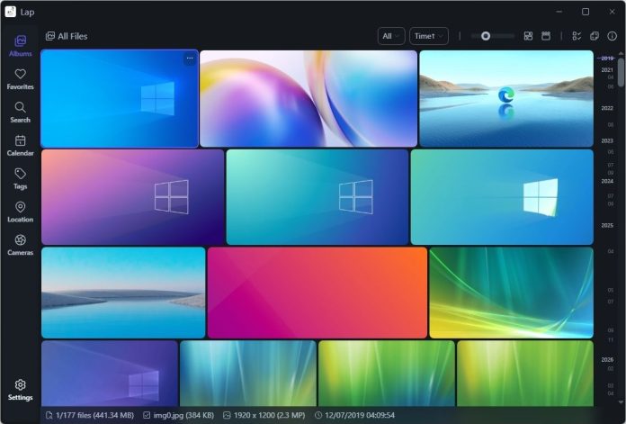 A computer screen displays a grid of colorful wallpapers, including abstract designs and nature themes. A sidebar has file organization options.