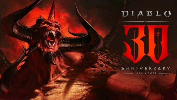Demonic character in red, text reads "Diablo 30th Anniversary 1996-2006"