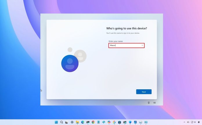 Windows 11 desktop showing an OOBE screen to create a local account.