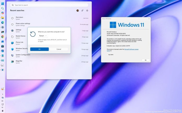 Windows 11 desktop with the Taskbar aligned to the left and the search home with recent searches.