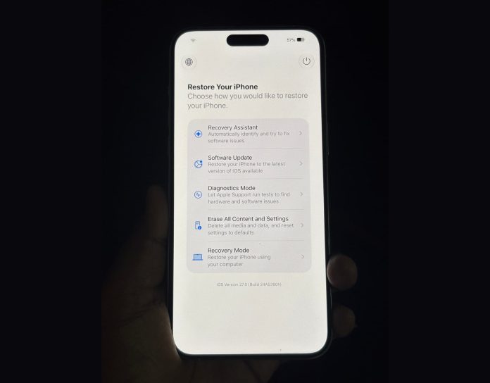 Recovery restore screen on iPhone in iOS 27