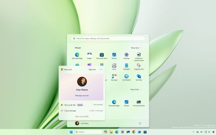 Windows 11 desktop with the Start menu open and showing the new Account Control design.