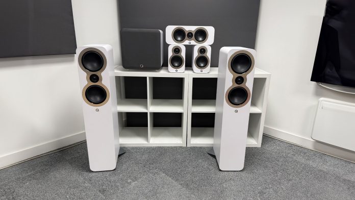 Q Acoustics 3050c 5.1 home cinema speaker package on grey carpet in test room